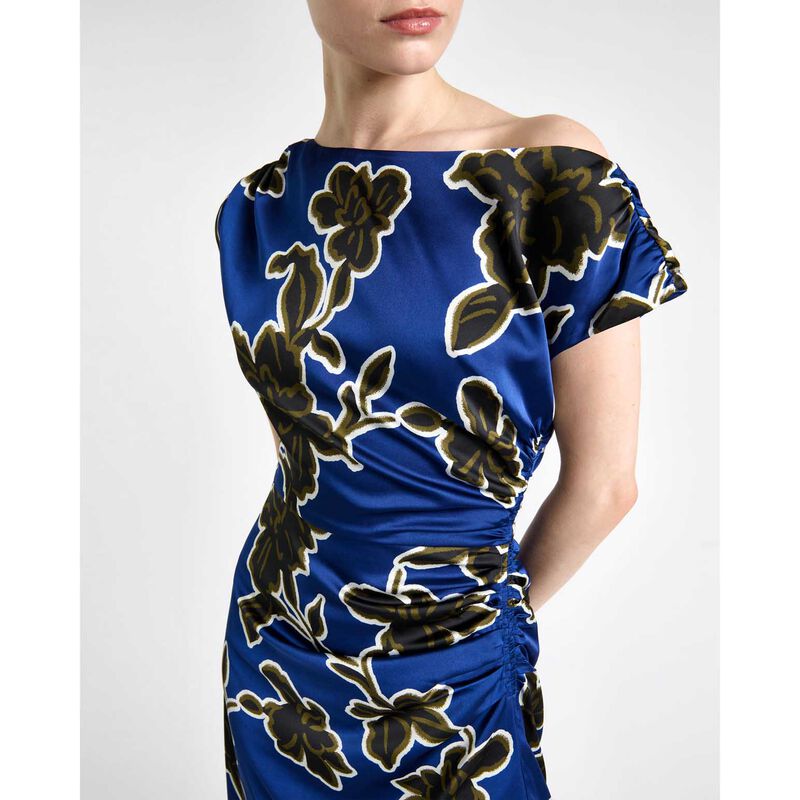 Cue Cobalt Illustrated Floral Satin Draped Midi Dress image number 2